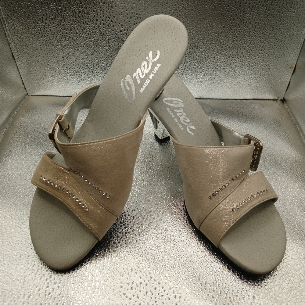 Onex Pewter/Cream Leather Handmade Slides Women's Size 9